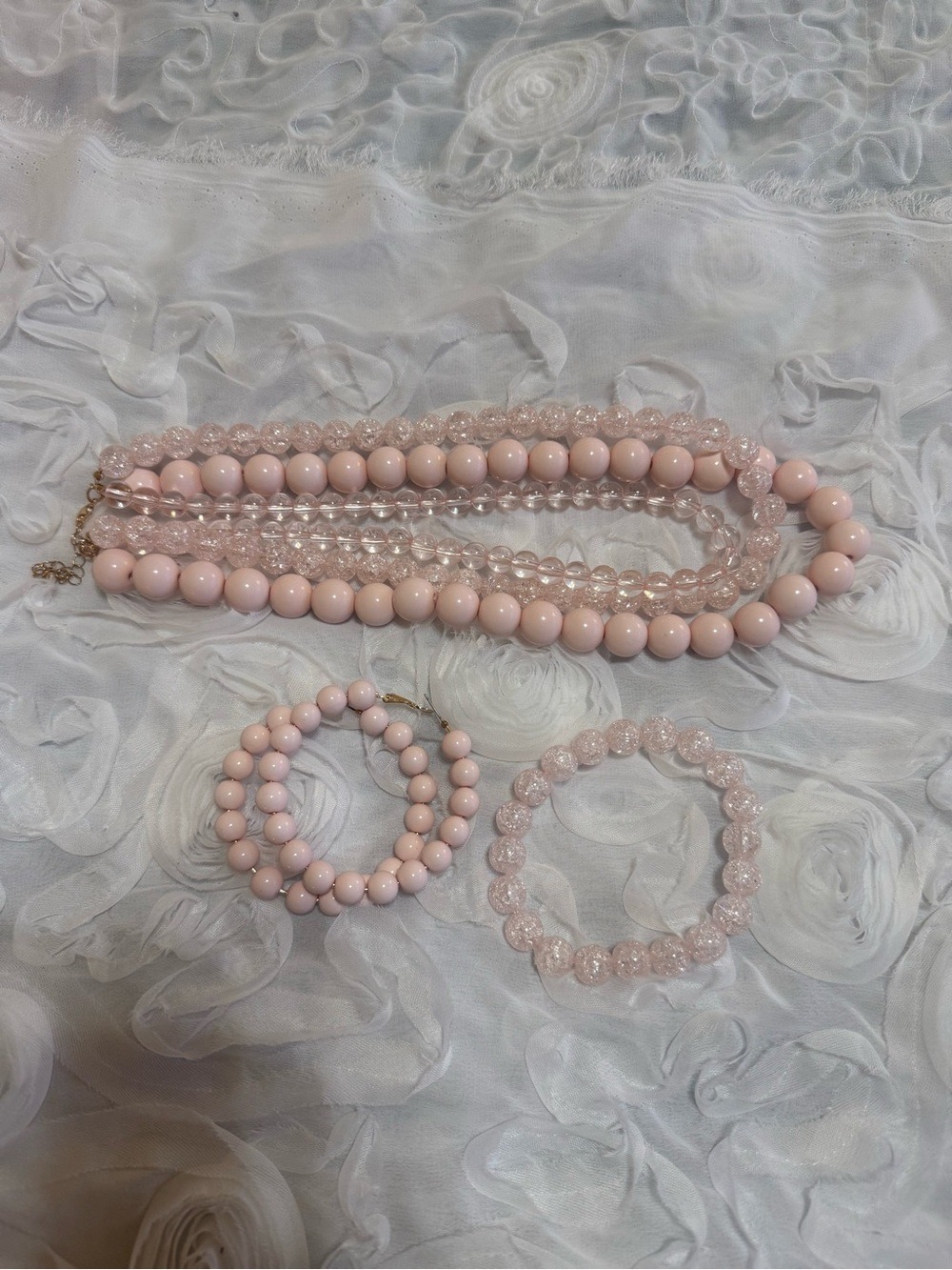 Elegant Pink Beaded Necklace, Earrings and Bracelet Set